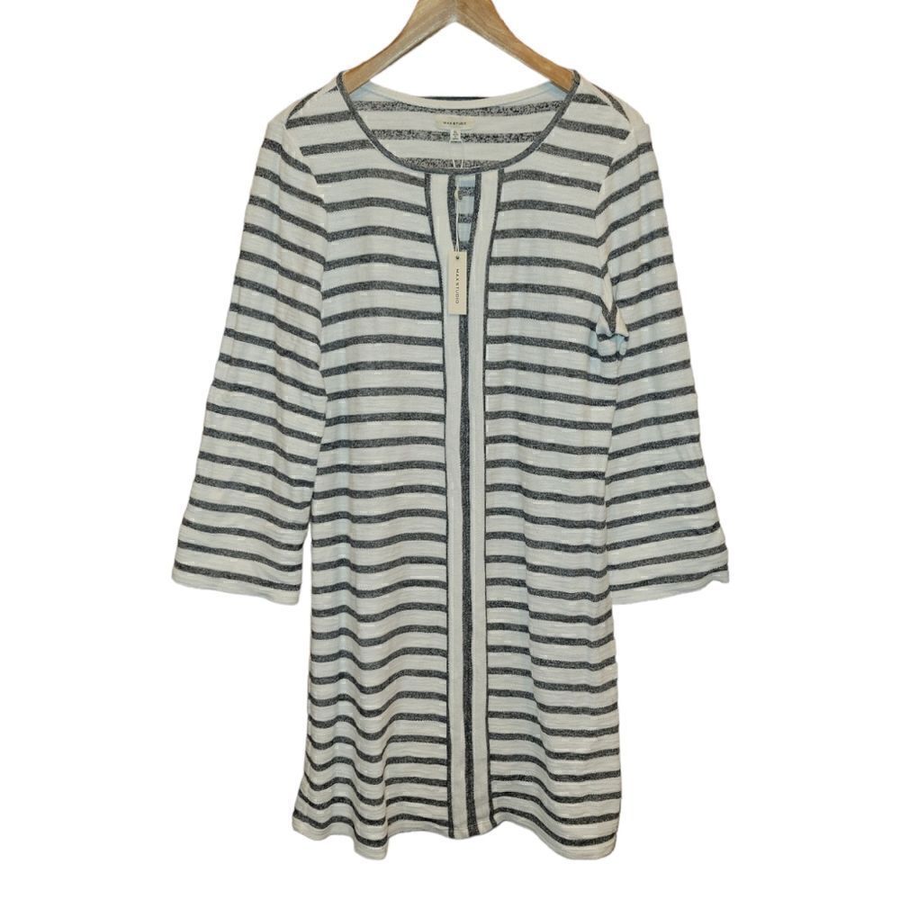 NWT Max Studio 3/4 Sleeve Long Sleeve Stripe Shift Dress XL Natural Black